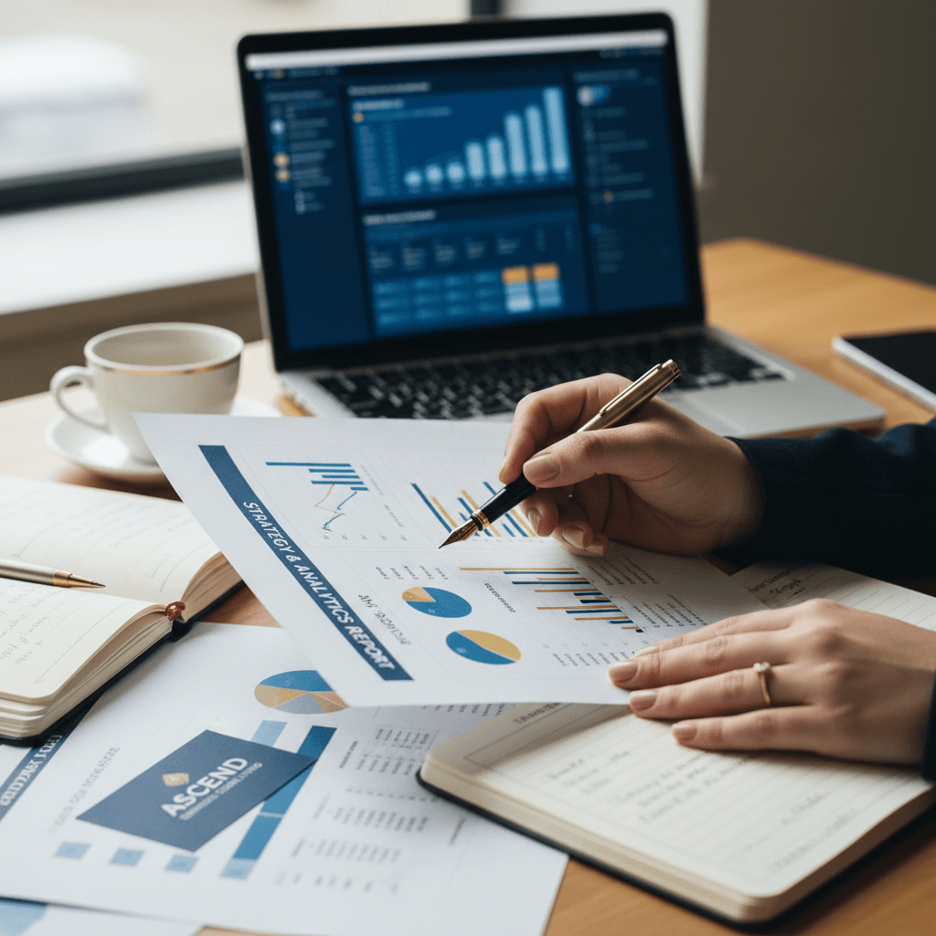 Consultor financiero explicando estrategia de crecimiento con gráficos y métricas a dueño de negocio