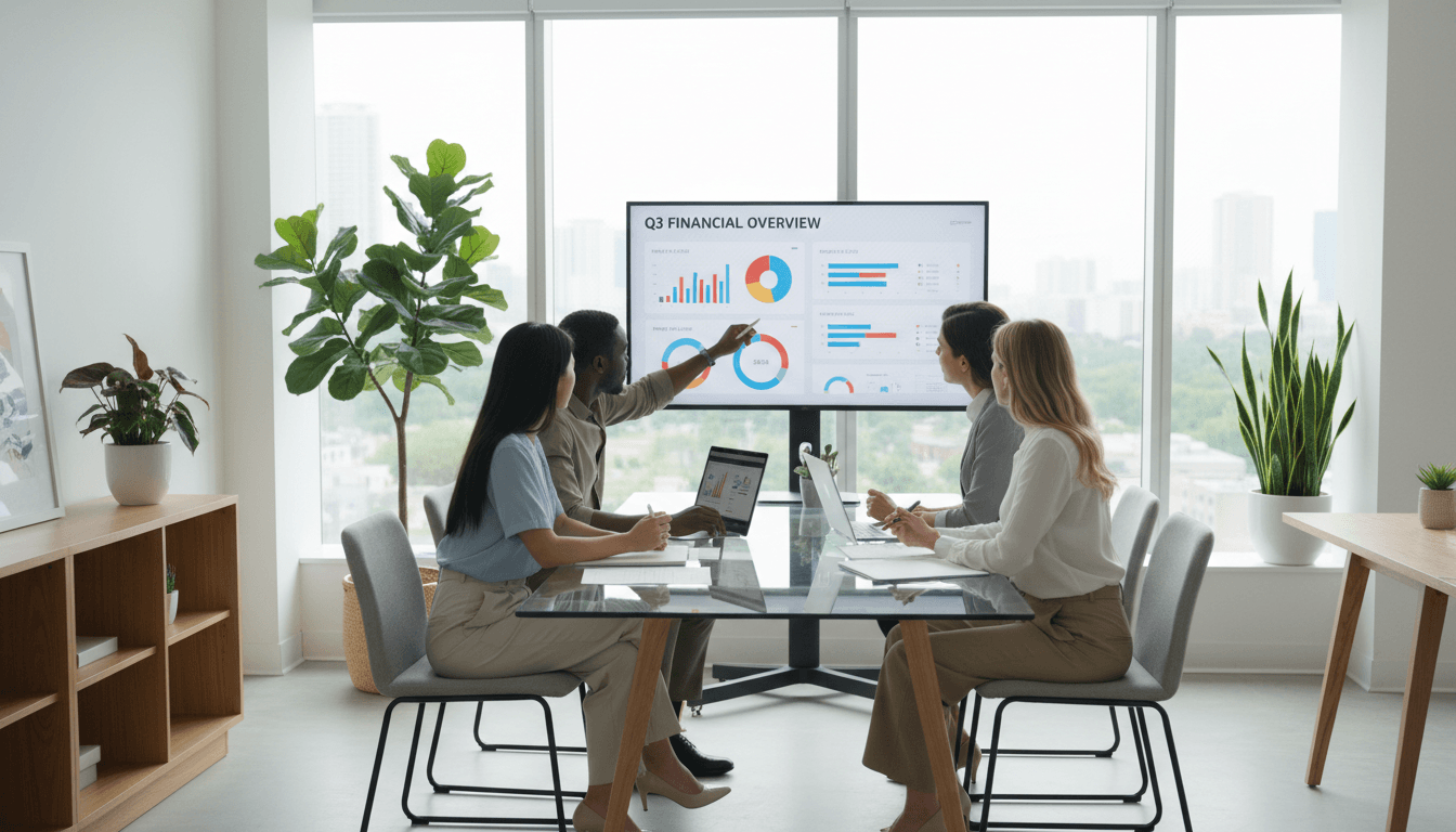 Equipo profesional revisando análisis financieros en oficina moderna