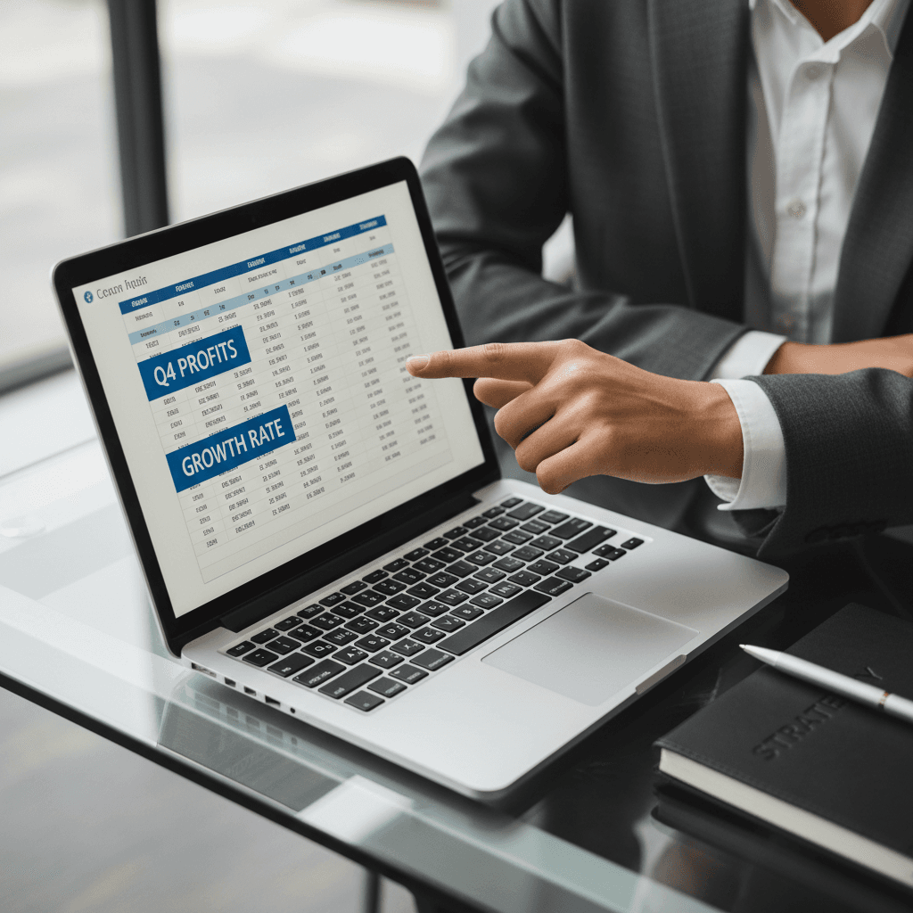 Consultor financiero analizando métricas y dashboards en oficina moderna