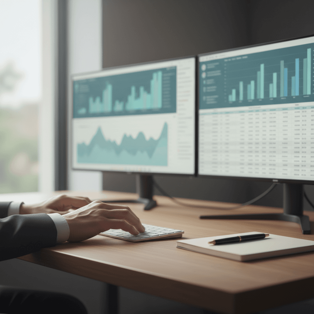 Consultor financiero analizando datos de negocio en oficina profesional