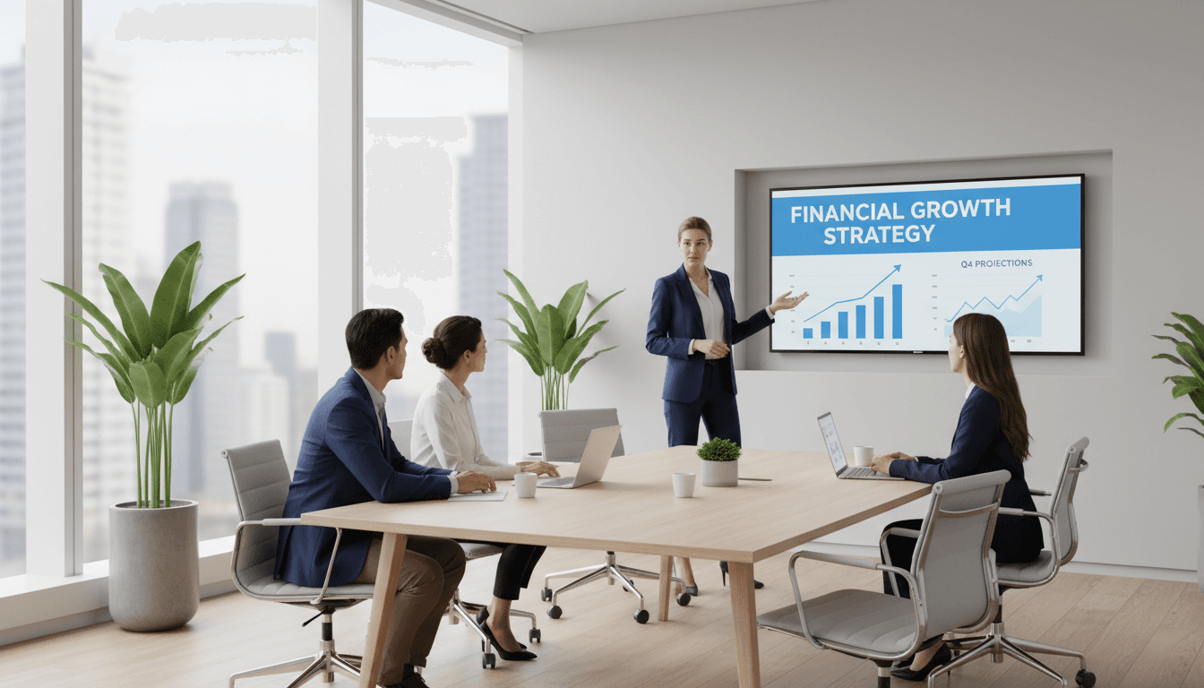 Reunión profesional de negocios con análisis de datos financieros y gráficos de crecimiento