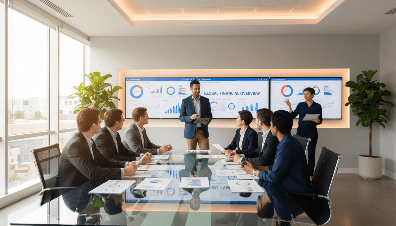 Equipo profesional analizando reportes financieros y dashboards en reunión de oficina moderna